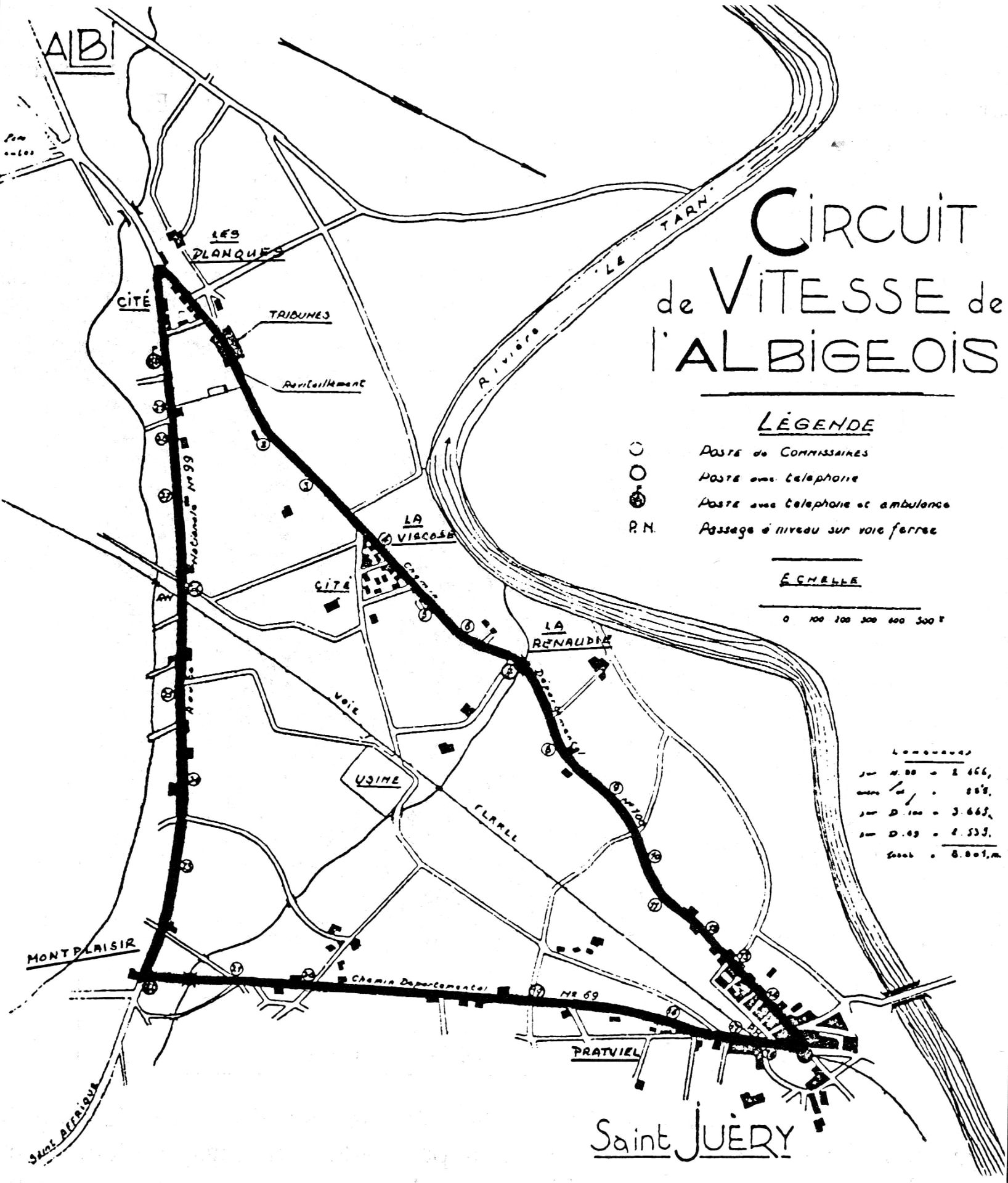 Plan du circuit de vitesse de l'Albigeois entre Albi et Saint-Juéry, avec les tribunes, les stands de ravitaillement et les postes de commissaires.