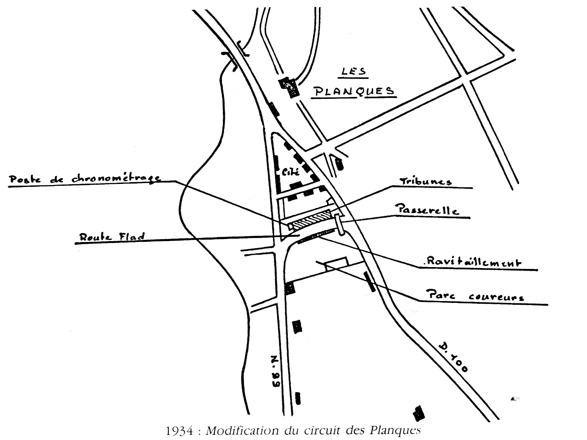 Plan de la modification du circuit des Planques en 1934, avec la route Flad reliant la R.N. 99 à la R.D. 100.