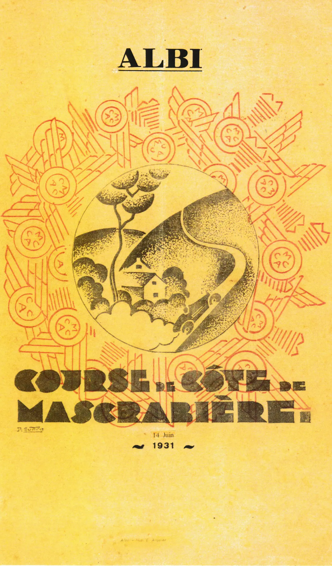 Affiche de la course de côte de Mascabrière à Albi, 14 juin 1931, signée R. Suarez.