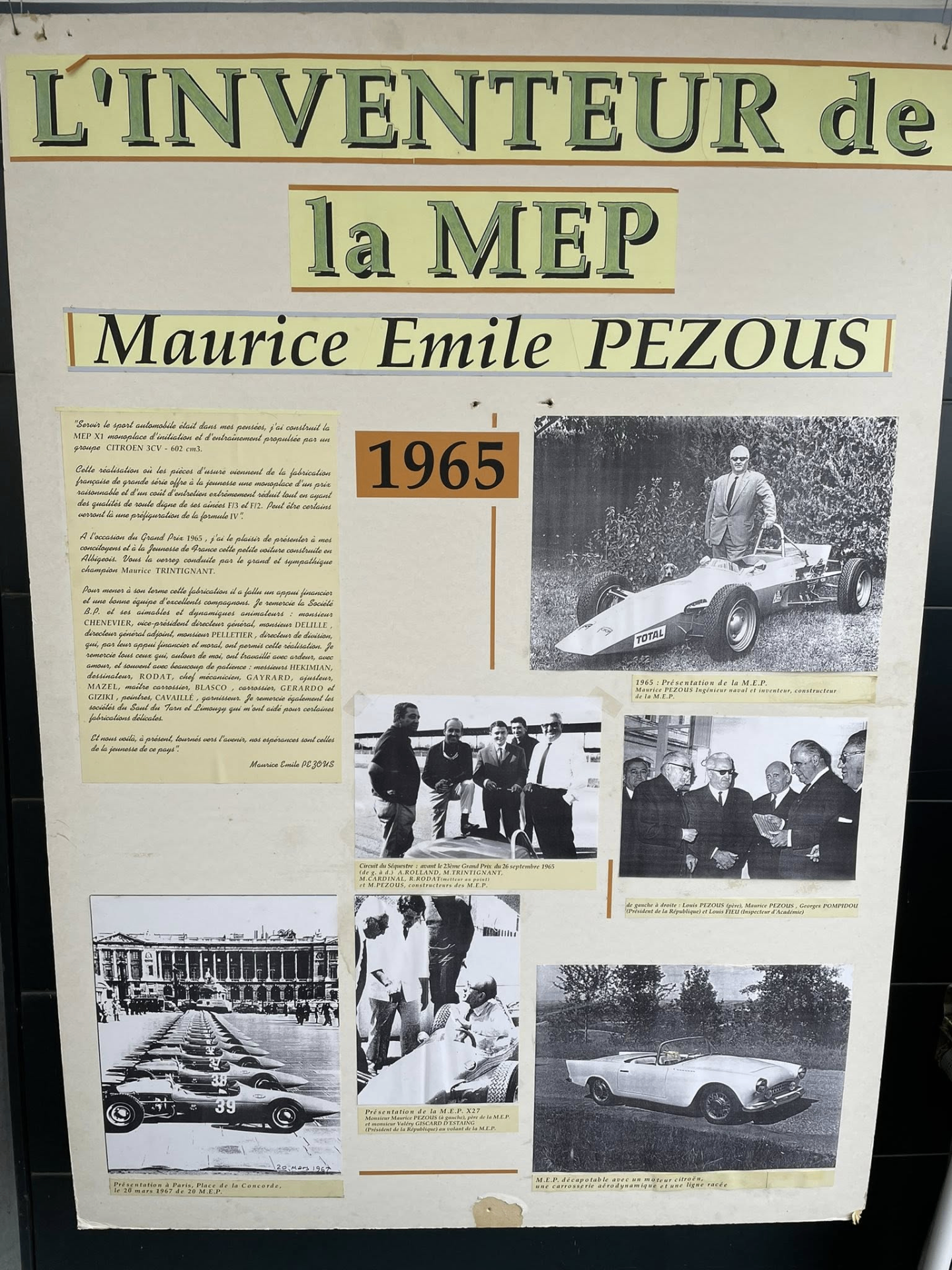 Panneau d'exposition sur Maurice Émile Pezous et la MEP en 1965.